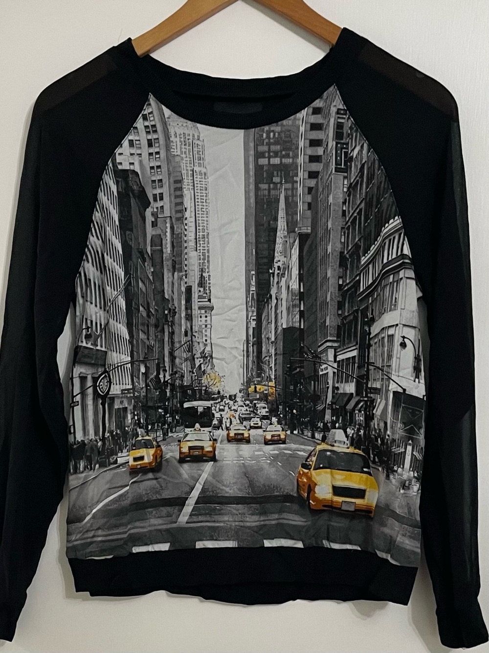 Elie Tahari Black Raglan Blouse with Yellow Taxi Graphic